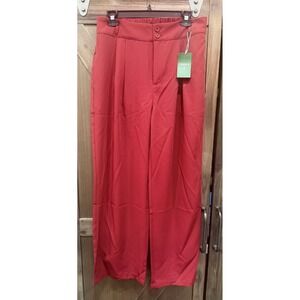 Halara Red High Waisted Wide Leg Pleated Trousers Dress Pants Double Button NWT